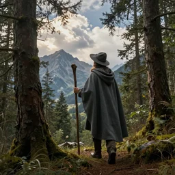 a man in a grey cloak and brimmed hat with a staff travelling trough the forest and mountains looking at the clouds in the style of neo-romanticism