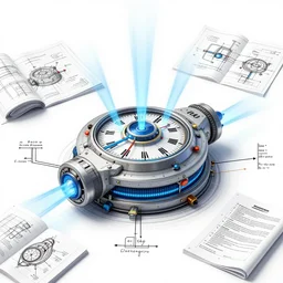 an engineering sketch diagram of a time travel machine with electrical beams, blueprints, diagram, user manual, sketch, engineering design