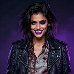 epic professional finely detailed digital airbrushed portrait art of an athletic  extremely attractive mid-20s South Asian supermodel emo female zombie, smiling, perfectly symmetrical face, wearing a dirt stained shirt under a leather jacket, zombie has deep blue eyes, great smile, violet lipstick, best on artstation, cgsociety, wlop, Behance, pixiv, cosmic, epic, stunning, gorgeous, glamour lighting, glamour pose, masterpiece by Dorian Cleavanger and Stanley Lau