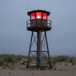 an old guernsey observation tower in an northern european beach with red light coming from inside, grey hour