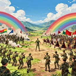 a zoomed out panoramic view an army of rainbow soul army calvary screaming into the battlefield. hyperrealistic anime background illustration by irakli nadar, colorful, extremely detailed intricate linework, smooth, super sharp focus, bright colors, high contrast, matte, octopath traveler, unreal engine 5 highly rendered, global illumination, radiant light