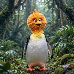 hyperrealistic photo of sesame street's big bird if they were a real life penguin. anatomically correct bird. extremely detailed picture, jungle canopy in the background, light and rain trickling through