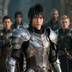 male with black short hair and green eyes wearing paladin armor by Greg Rutkowski, Sung Choi, Mitchell Mohrhauser, Maciej Kuciara, Johnson Ting, Maxim Verehin, Peter Konig, final fantasy , hot, mythical, 8k photorealistic, cinematic lighting, HD, high details