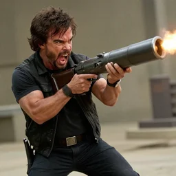Peter Dinklage as Rambo, screaming and shooting a rocket launcher, photo, detailed, 4k