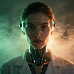 ( symmetry ) closeup portrait of a stunning artificial cyborg female scientist, visor, strong cinematic light, backlight glow, green orange, viscous smoke, vapour, mist, by gerald brom, by mikhail vrubel, by peter elson, muted colors, extreme detail, trending on artstation, 8 k