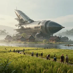 a viking village built on a huge abandoned rocket, futuristic, sci - fi in the rice field by the river, crowd of people working, daily life, ethos, in the style of dylan cole, early morning, mist, fog, 8 k matte, cinematic lighting, artstation, rendered in octane, highly detailed, trending on artstation, unreal 5, cinematic, matte painting, volumetric lighting