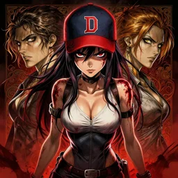 symmetry ( badass clementine from the walking dead wearing her iconic baseball ( letter d ) hat ) blood, ultra detailed, intricate, anime, dynamic lighting, digital art, digital painting, art station, wlop, sharp focus, illustration, art by artgerm and greg rutkowski and alphonse mucha