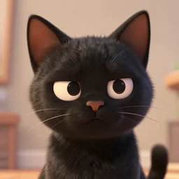 black bombay cat, sad, animated, pixar studio, dreamworks, hyper realistic, detailed