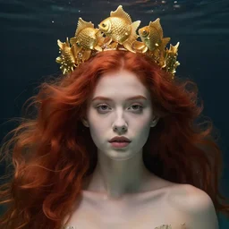 real life photo of red hair female underwater with a crown made of long golden fish, intricate, elegant, highly detailed, my rendition, professional photography, trending on artstation, sigma 5 0 mm, smooth, sharp focus, atmospheric,