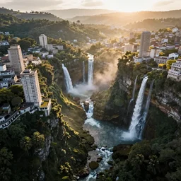 evergreen valley, several waterfalls, ancient marble city, tall buildings, landscape, global illumination, morning light, radiant light, bird's eye view