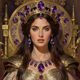 portrait of megan fox as a queen, throne, jewelry, greek, amethyst, intricate, headshot, highly detailed, digital painting, artstation, concept art, sharp focus, cinematic lighting, illustration, art by artgerm and greg rutkowski, alphonse mucha, cgsociety
