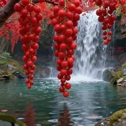 close up of low hanging red fruits over a pond, waterfalls, by james gurney, low angle shot, concept art, intricate, hyper detailed, volumetric lighting, sharp focus, octane render, trending on artstation, 8 k