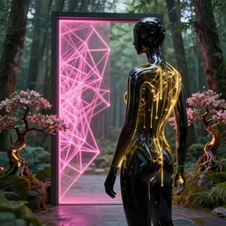 beautiful mannequin sculpted out of black glass by billelis + lit with geometric neon dripping gold + forest in background!!!, facing a doorway opening with neon pink geometric fractal light + flowering bonsai trees, transcendent, clean linework, dramatic, finely detailed, award winning, 4 k, trending on artstation, photorealistic, volumetric lighting, octane render