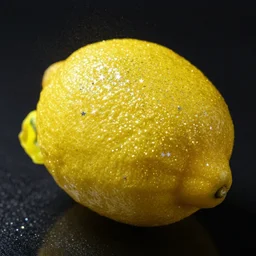 a close up of a lemon made entirely out of glittering stardust. every speck of glitter is sharply in focus, and the stardust appears to be moving and swirling around. the background is a deep black.
