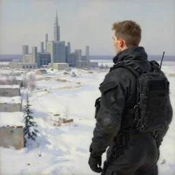 a beautiful painting in the style of sergey kolesov of a snowy landscape overlooked by a handsome man in tactical gear fit for a spy, overseeing a large brutalist facility in the distance, award winning art