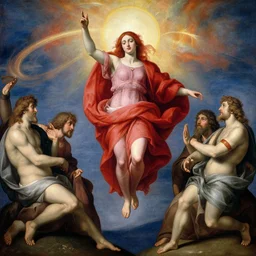 ascension of the scarlet woman by caravaggio adolf wolfli beksinski jan van eyck william blake, ascension to heaven, damned souls, golden sun, sky with stars, beam of light from face, ecstatic visions, religious ritual, epiphany, conical red hood, red gold emerald