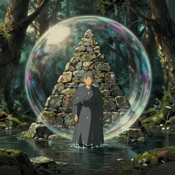 pov hyperrealist, dull colors, interior shot from howls moving castle 2 0 0 4 of a grey monk dripping in front of a cubic bubble in a flooded woodland stonehenge pyramid. bubble.