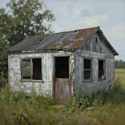 a painting of a run down shed by Cindy Sherman