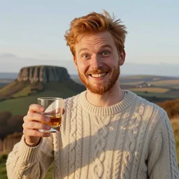 a beautiful painting of a young man with short ginger hair and a beard wearing a cable knit sweater and holding a glass of whisky in front of Arthur's Seat with a goofy! grin and wide-set eyes, golden hour, realistic, ((by Delphin Enjolras)), trending on artstation