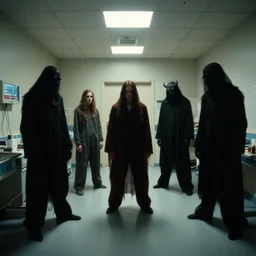 shadow monsters invade the hospital, film still from the movie directed by denis villeneuve and david cronenberg with art direction by salvador dali, wide lens