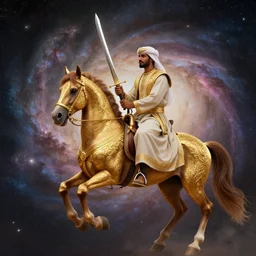 male bedouin on his horse with the sword of allah surrounded by nebula, highly detailed, gold filigree, romantic storybook fantasy, soft cinematic lighting, award, disney concept art watercolor illustration by mandy jurgens and alphonse mucha and alena aenami, pastel color palette, featured on artstation