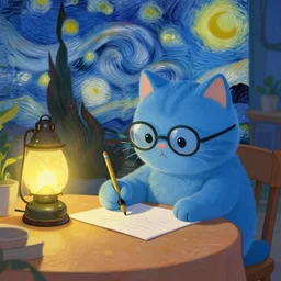 a cute blue cat in glasses sits at the table in the evening and draws a brush, an old lamp with a lampshade on the table glows with bright light, painting by van gog