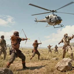 cavemen shooting arrows at helicopters