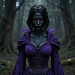 full portrait of a dark fantasy female necromancer, black skin, skinny, saggy purple robes, pretty, black bob haircut, red eyes, circlet, corset, finesse, key visual, realistic shaded perfect face, gloom, fine details, forest background, smooth, highly detailed, digital illustration, by artgerm, rossdraws, frank franzzeta