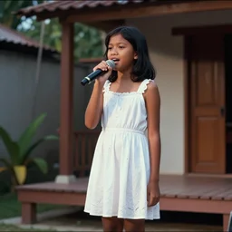 home video footage, An Indonesian girl in white dress, singing on the small stage in her home; summer, Color VHS picture quality with mixed noise