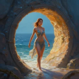 a beautiful painting of a woman emerging from a stargate, by the sea by johannen voss by peter kemp by octane render blender 8 k isometric dof spot lighting