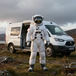 tourist astronaut in sci-fi suit, standing in the Isle of Harris, Scotland, a futuristic campervan in the background, wide angle lens, photorealistic