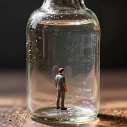tiny man trapped in a transparent bottle