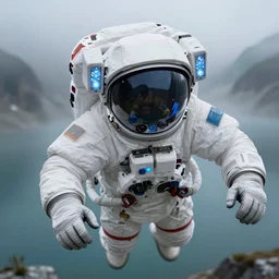 close - up portrait of space astronaut flying inside himalaya mountains lake, small foggy and gloomy, blue helmet lights, 6 0 mm full - frame, bokeh background, highly detailed science fiction illustration by jeremy geddes. photorealistic, octane render, hyper detailed, 8 k, movie still, artstation, unreal engine