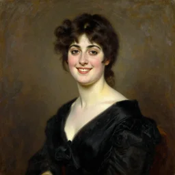 a bust portrait of a beautiful young english noblewoman with dark brown hair smiling with a beautiful black dress, art by philip de laszlo, oil painting, 1 9 2 0 s royal portrait, made in 1 9 2 5, oil on canvas, smooth, highly detailed, sharp, vintage painting
