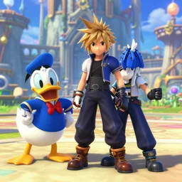 screenshot of kingdom hearts 3, Disney and final fantasy crossover, donald duck and goofy npc characters standing next to anime human sora, Kingdom hearts styled gameplay, unreal enginel 4, kingdom hearts 3, kingdom hearts, cartoony lighting, disneyworld at kingdom hearts, Disney inspired setting with Sora and Donald in the scene, image of an action adventure rpg, magical fantasy l, artstationHD, Final fantasy 15 graphics, stunning pixar graphics, rtx on, sharp focus