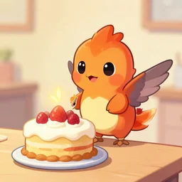 a cute adorable small flaming humingfirebird baking a cake deviantart Greg rutkowski