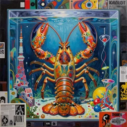 acrylic painting of a bizarre eldritch lobster in front of an aquarium in tokyo, mixed media collage by basquiat and jackson pollock, maximalist magazine collage art, retro psychedelic illustration