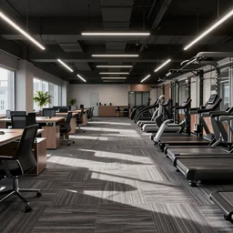 a fitness center, gray office carpet, office decor, dim lighting