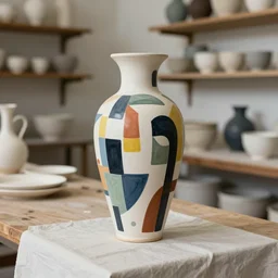 beautiful ceramics studio photograph of a ceramics display of tall angular stoneware vase covered with modernist paintings placed on a tablecloth on a wooden table, hyperrealism 8 k trending on artstation