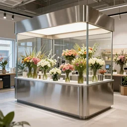 flower shop by labotory concpet, made of stainless steel and glass material, modern style