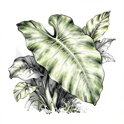 exotic plants, big curvy leaf, new world discovery, ink sketch