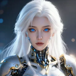 detailed portrait of perfect white haired girl, android, warframe armor, beautiful, pretty face, blue cyborg, eyes, innocent, scifi, 4 k, blue, gold, sun yunjoo, ultra realistic, aura of light, cinematic lighting, highly detailed, sharp focus, artstation, masterpiece, art by hyungjin yang