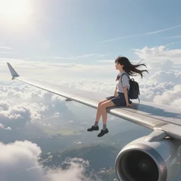 fantasy photorealistic scene of a girl sitting on the wing of a flying airplane, side view, wide shot, very windy, sunny morning light, 4 k, hyperrealism, hdr, volumetric lighting, cinematic composition, artstation, digital anime photo concept illustrated by noriyoshi ohrai and magali villeneuve and artgerm