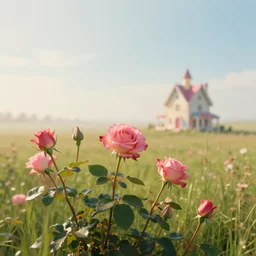 a 3 5 mm long shot of beautiful roses on a sunny prairie, in the distance is a candy house, foggy bottom, divine light, super sharp, detail, film, by nise loftsteinn, by tyler smith, octane render, artstation