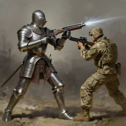 a 1 5 th century knight in full plate armor fighting a modern us army soldier, highly detailed, digital painting, artstation, concept art, sharp focus, illustration, cinematic lighting, art by ruan jia, artgerm and greg rutkowski and alphonse mucha