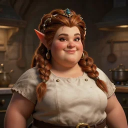 Portrait | chubby female dwarven cook| kitchen | complex adorned braided hair | style by greg rutkowski, larry elmore, giotto dramatic light | high detail | cinematic lighting | artstation |shorty broad fat woman| happy hearty expression | dungeons and dragons |