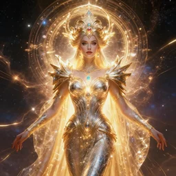 portrait of the powerful empress of the solar system in the style of anna dittmann and in the style of clyde caldwell. glowing, ornate and intricate, stunning, dynamic lighting, intricate and detailed.