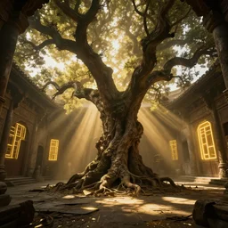 an ancient heavily damaged sr - 7 1 in the interior of an ancient courtyard an old oak tree grows inside the courtyard golden rays of sunlight enter through the window gold neon lights digital art trending artstation beautiful cinematic light