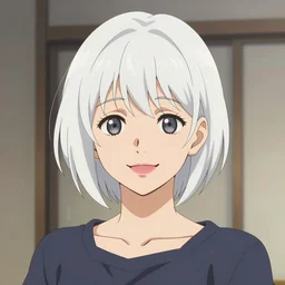 portrait of a smiling smiling woman with short short white hair, 1 2 3 4, medium shot, illustration, highly detailed, high quality, by kentaro miura