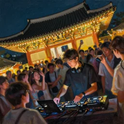 a young party with dj at a korean temple at night, temple lights, tilt shot, detailed painting by karl gerstner